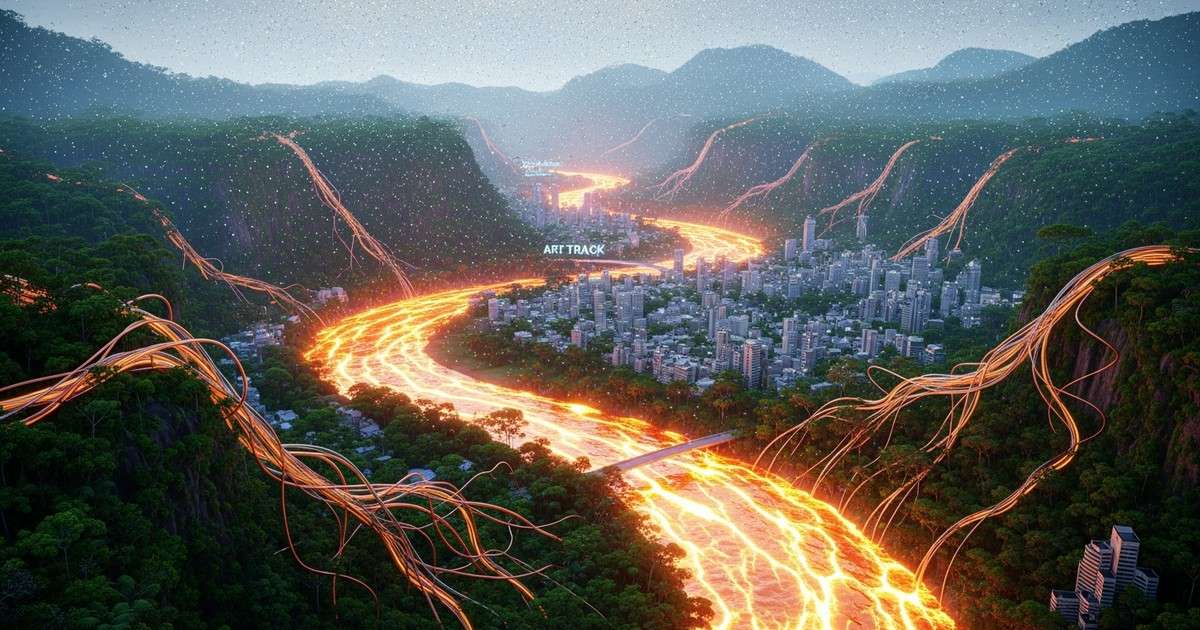 A surreal, futuristic Brazilian metropolis where a river of liquid gold flows through lush jungle architecture, symbolizing music revenue