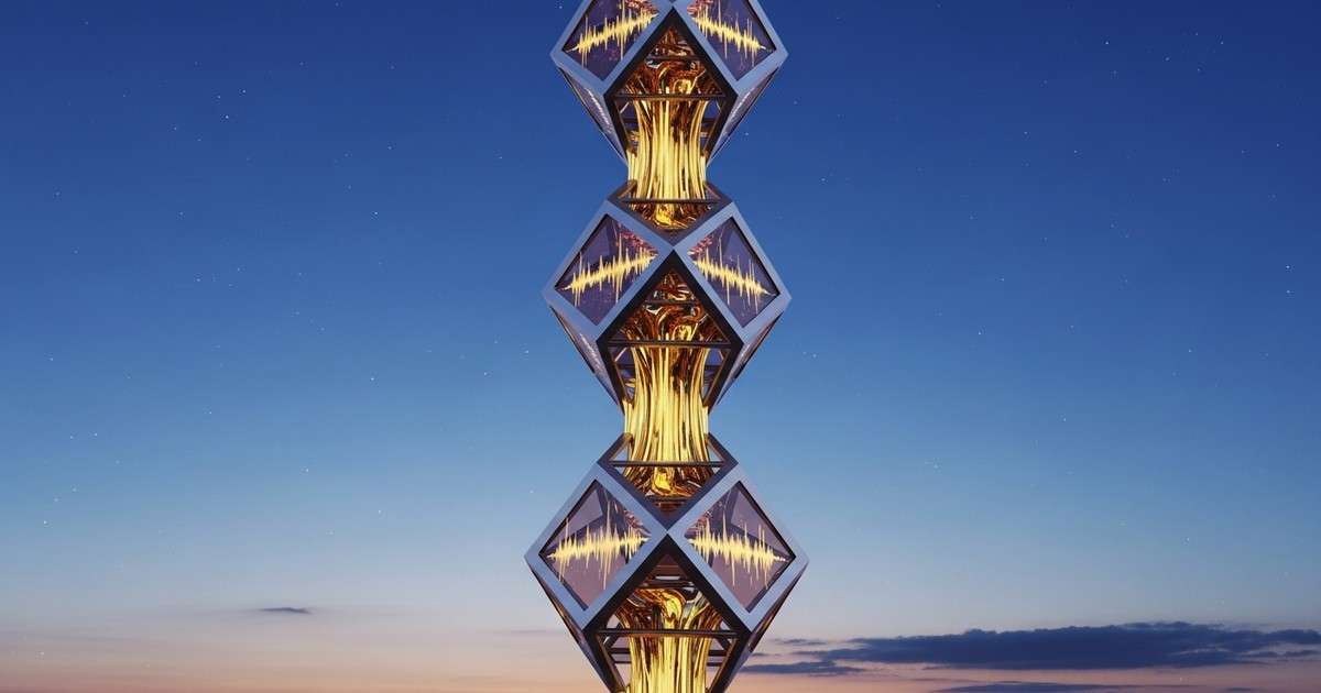 Surreal digital sculpture resembling Brancusi's Endless Column made of glowing golden data blocks rising from a misty Carpathian landscape.