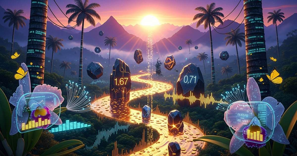 A surreal, magical realist landscape of the Colombian Andes where a river of liquid gold and digital code flows through a lush jungle of