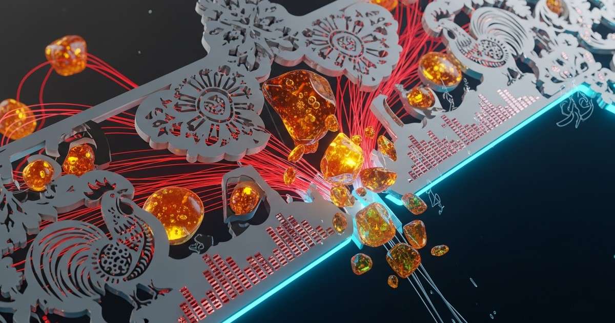 Surreal digital art featuring a futuristic fusion of Polish Wycinanki folk paper-cuts and glowing fiber-optic cables, crystallizing into