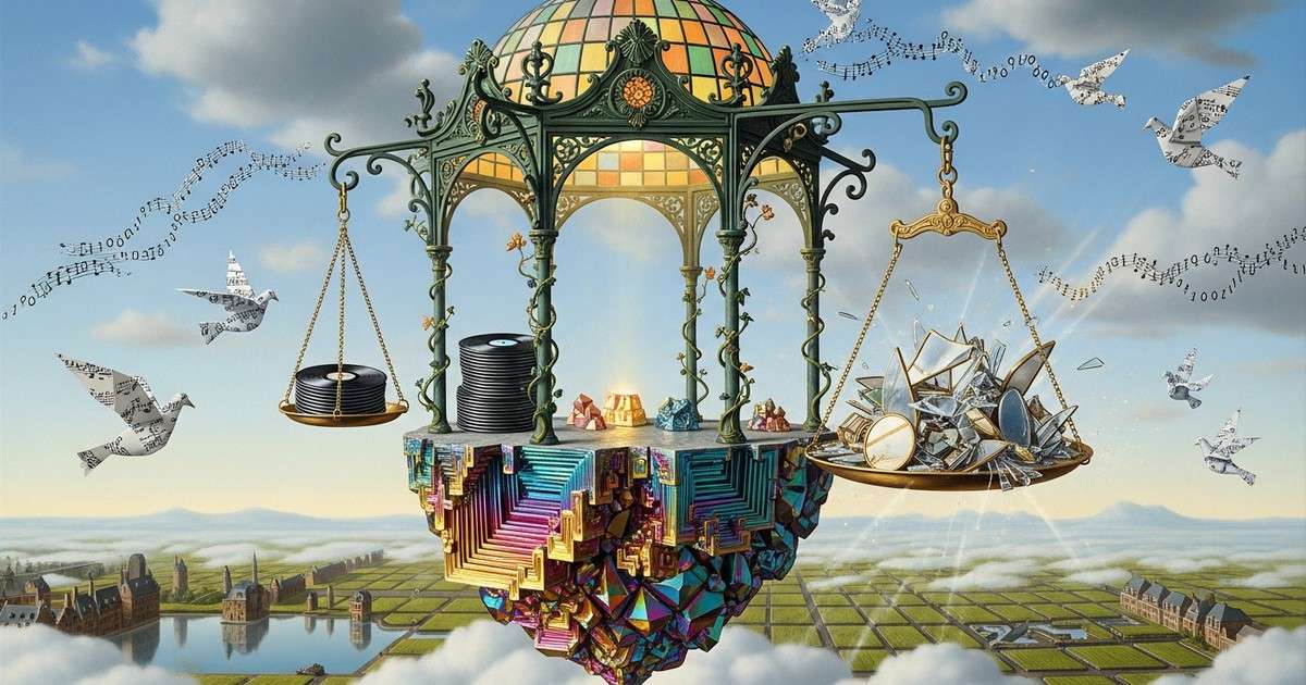 Surrealist artwork of a floating Art Nouveau kiosk in a cloudy Belgian sky, featuring a brass scale comparing vinyl records and mirrored