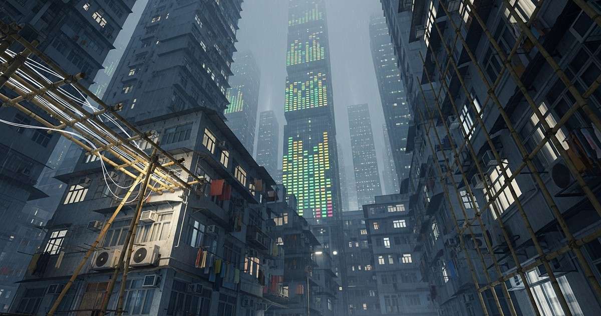 A surreal, cinematic Hong Kong nightscape where skyscrapers transform into glowing audio visualizers and a river of liquid gold flows