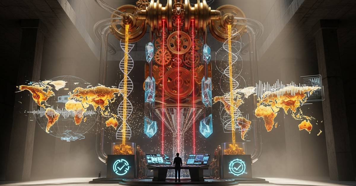 A colossal, glowing kinetic sculpture in a brutalist hall, turning raw sound waves and geometric data streams into pools of liquid gold.