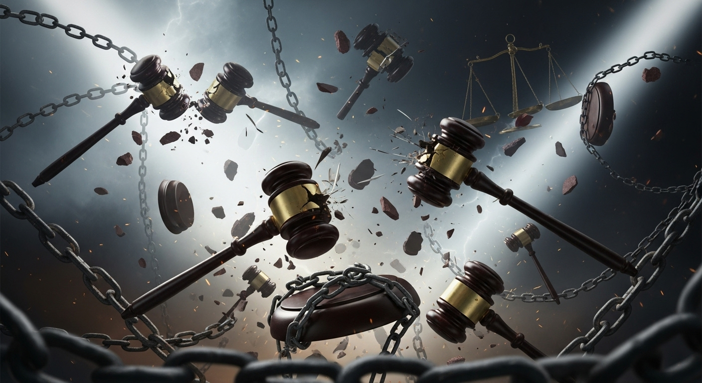 Intertwined chains and shattered gavels under dramatic spotlights, abstract legal conflict