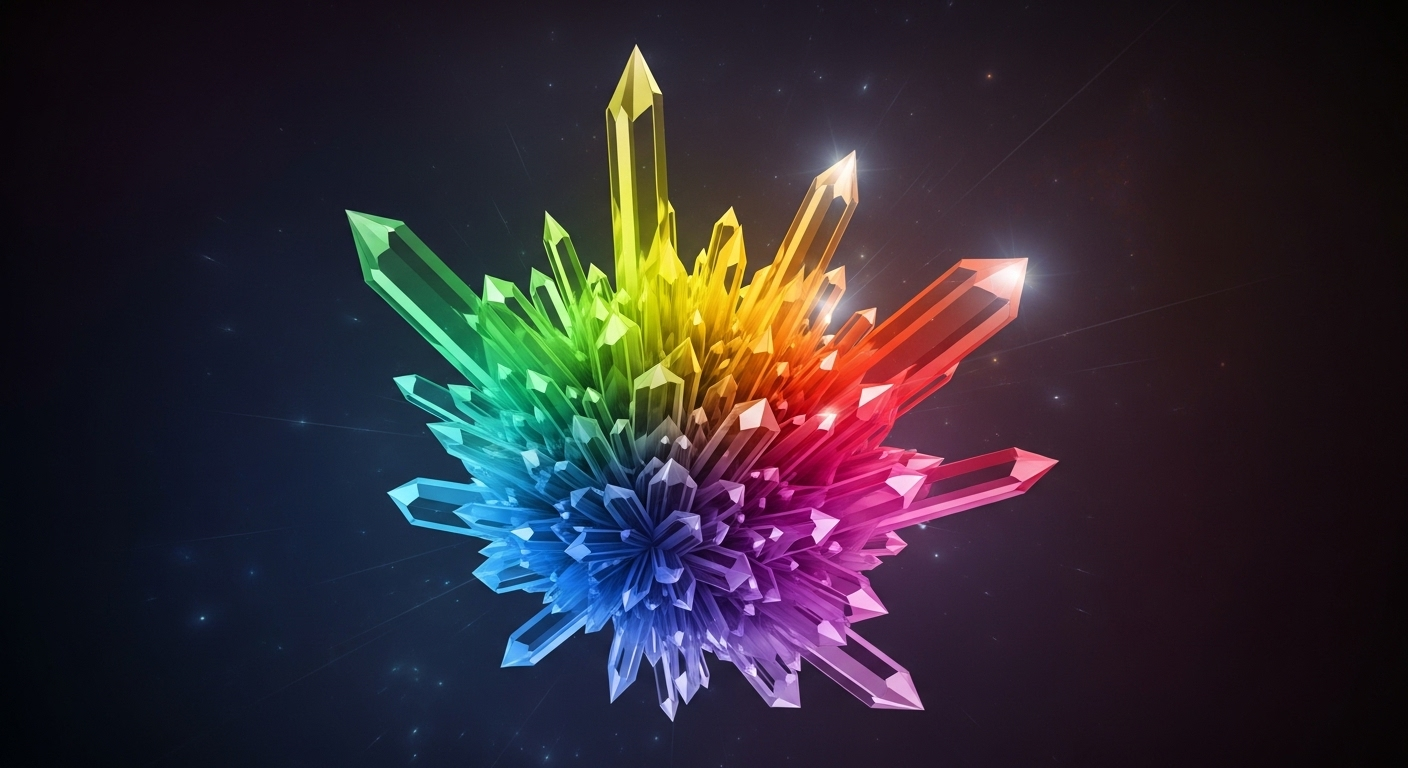 Abstract visualization of sound waves as glowing, crystalline structures with vibrant color gradients.