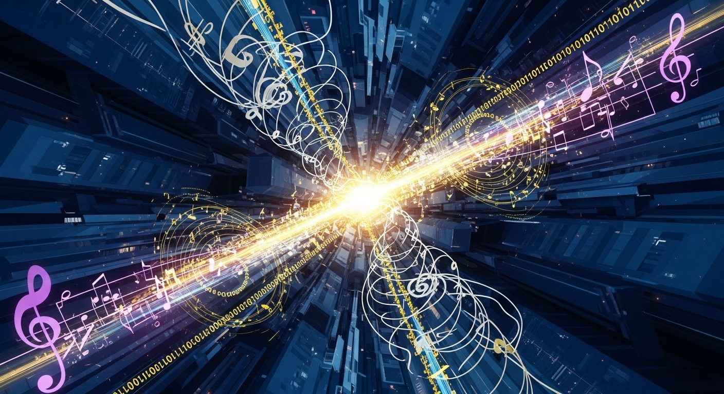 Abstract visual of musical notes and digital streams forming a cityscape with vibrant colors.