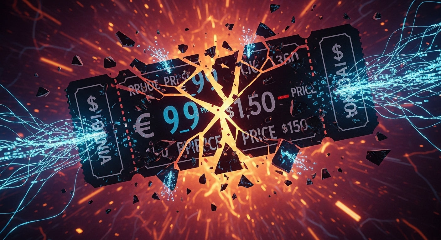 Shattered concert ticket fragments with distorted data streams and pricing symbols.