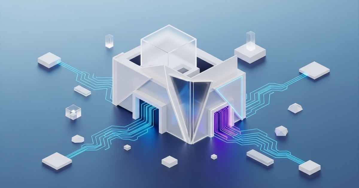 3D isometric render of a stylized, minimalist shop facade with glowing data lines connecting to surrounding abstract shapes.