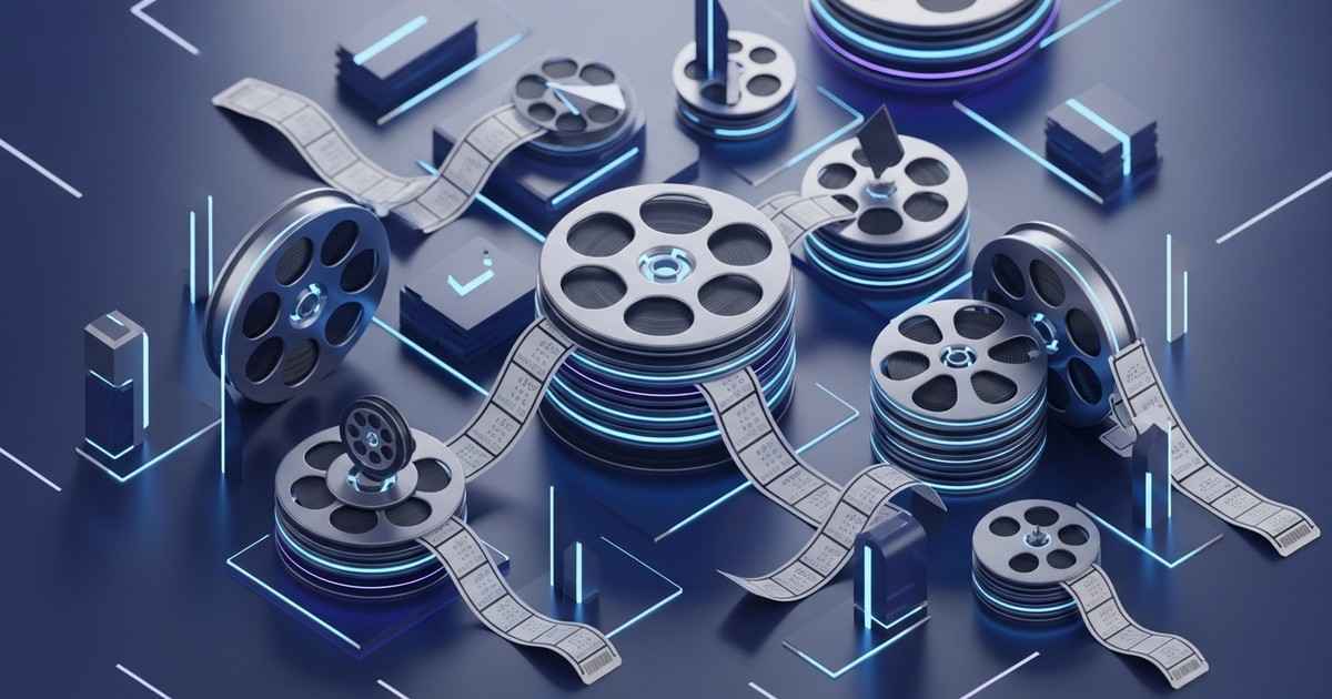 3D render of geometric shapes resembling stacked tickets and film reels with subtle glowing edges.