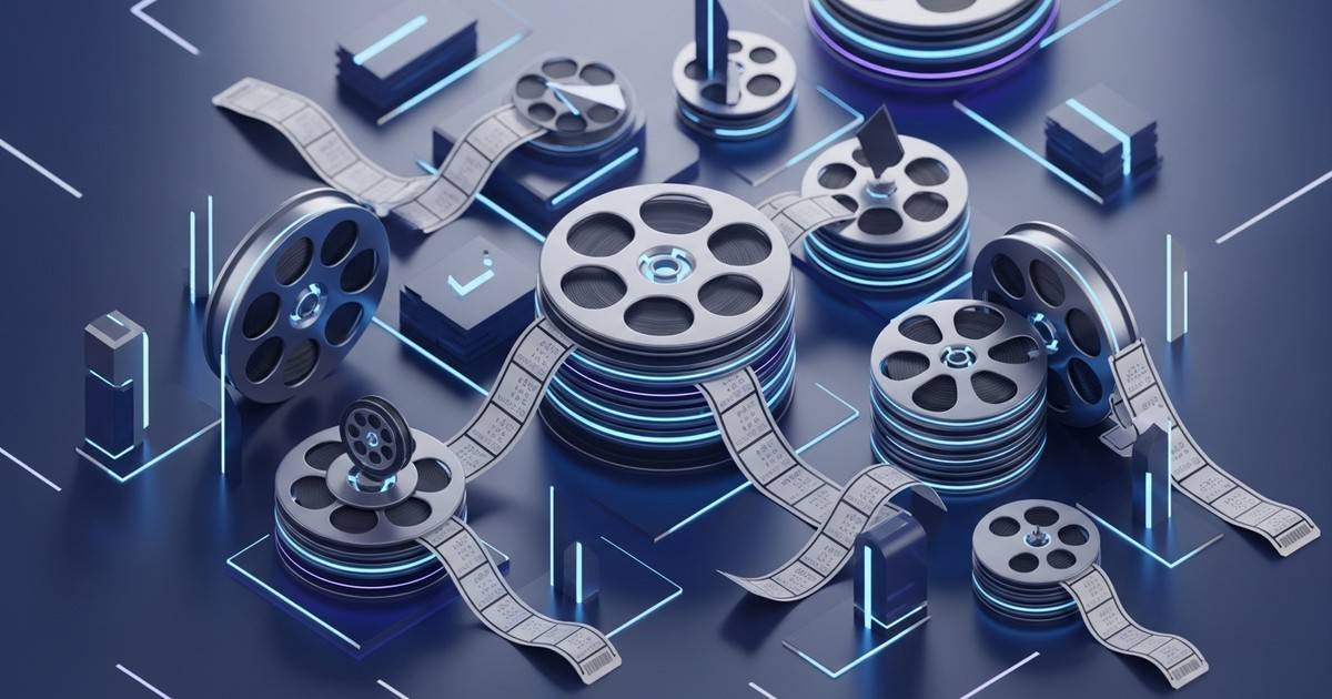 3D render of geometric shapes resembling stacked tickets and film reels with subtle glowing edges.
