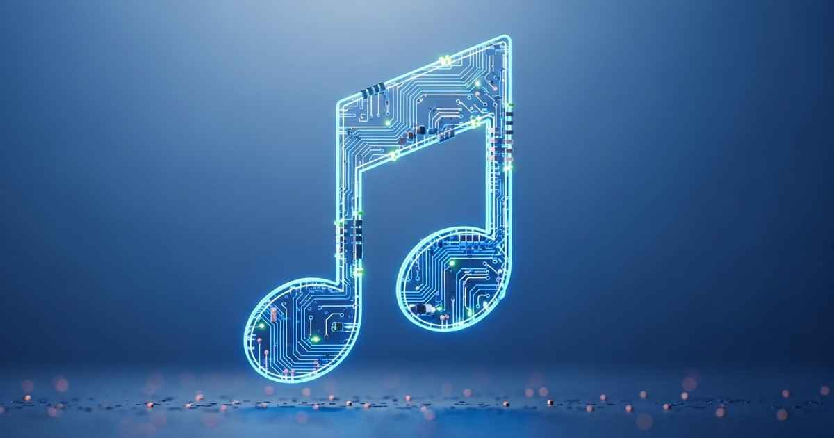 A single, glowing musical note made of intricate, translucent circuits on a dark, reflective surface.