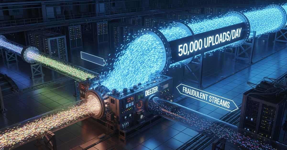 A digital data pipeline filters a massive stream of blue AI-generated music, separating it from a smaller stream of human-mad