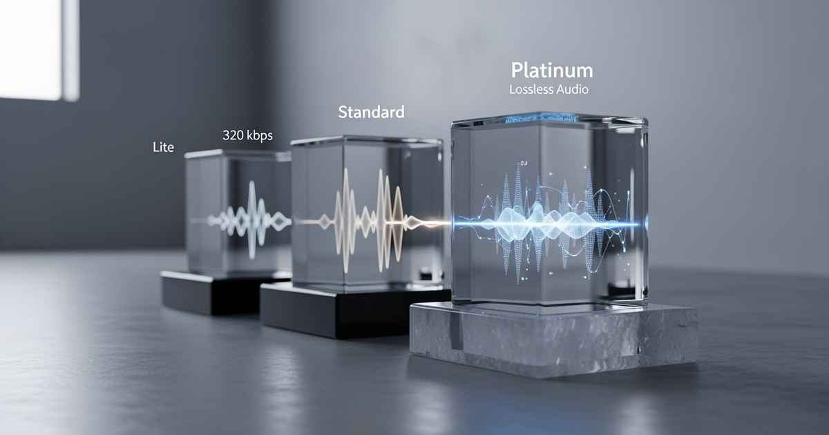 A soundwave passing through three labeled glass chambers, representing different audio quality tiers in a lab setting.