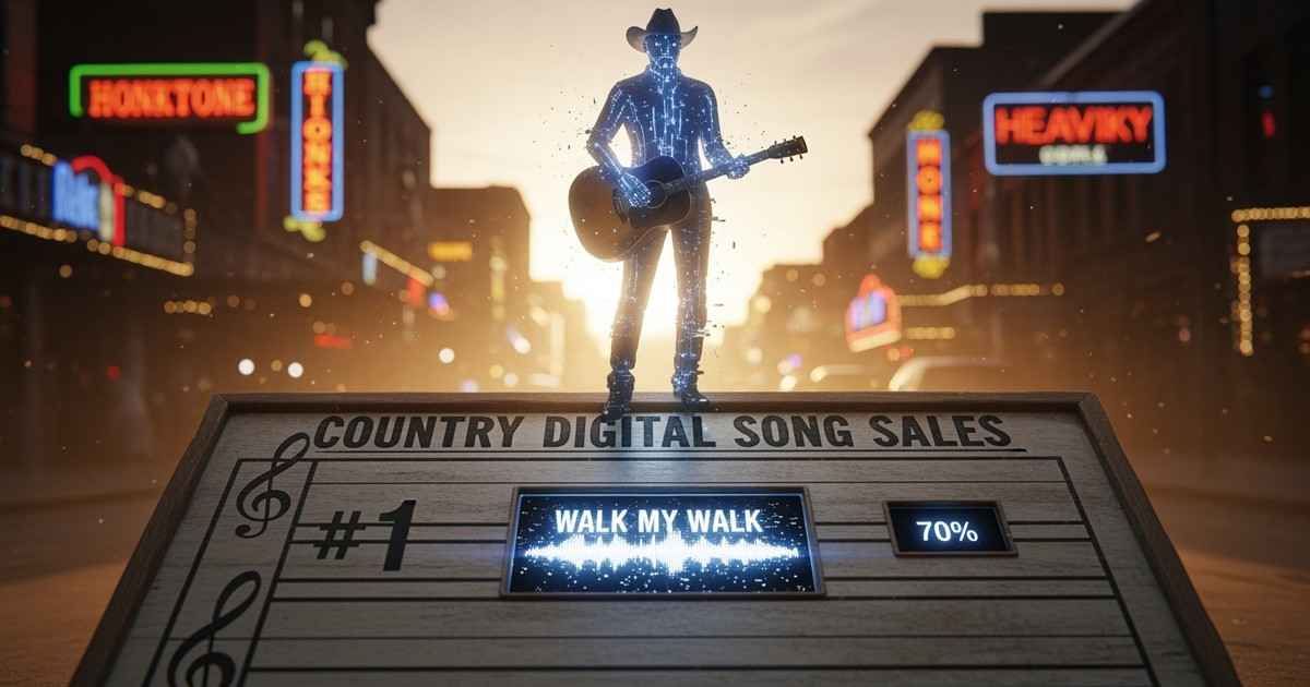 An AI cowboy made of circuits stands on a glitching Billboard country music chart on a Nashville street.