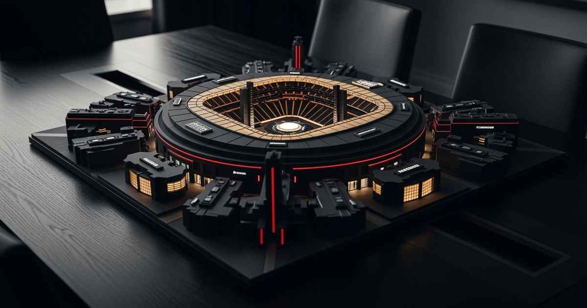 An architectural model of a stadium city, lit in red and gold on a boardroom table. A metaphor for a billion-dollar music tou