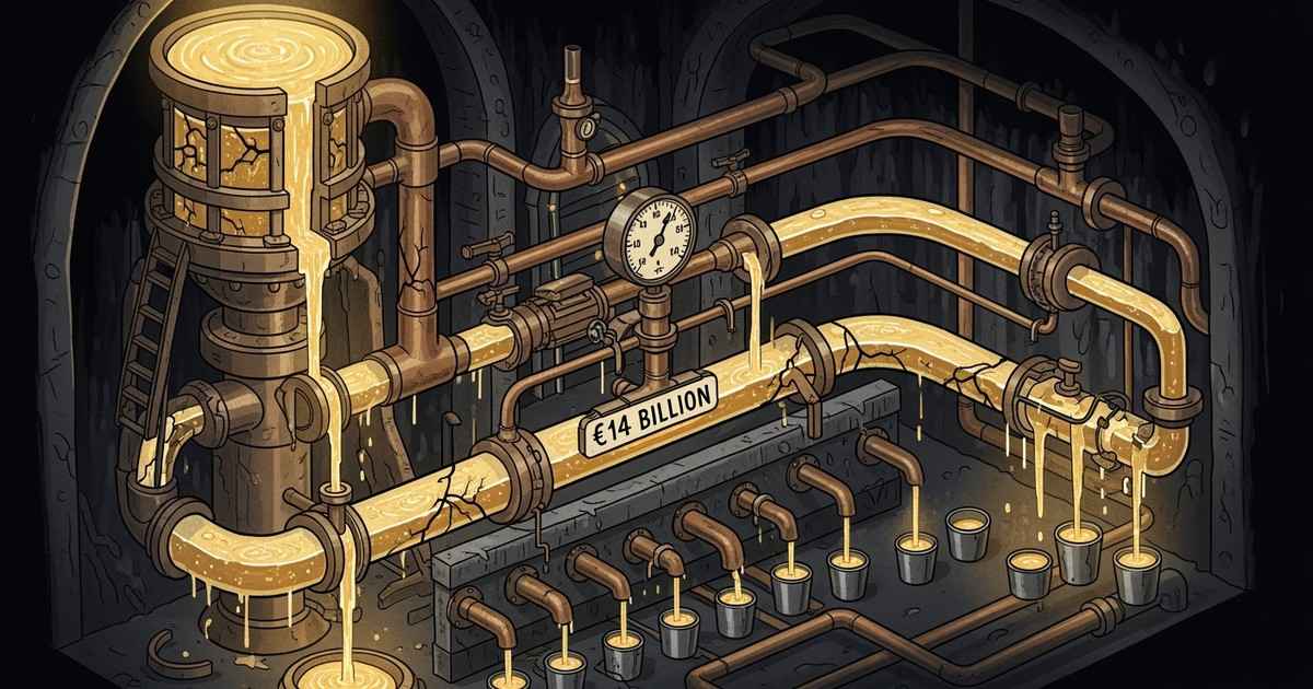 An intricate plumbing system of copper pipes showing money flowing to the top, with leaks dripping from the middle.