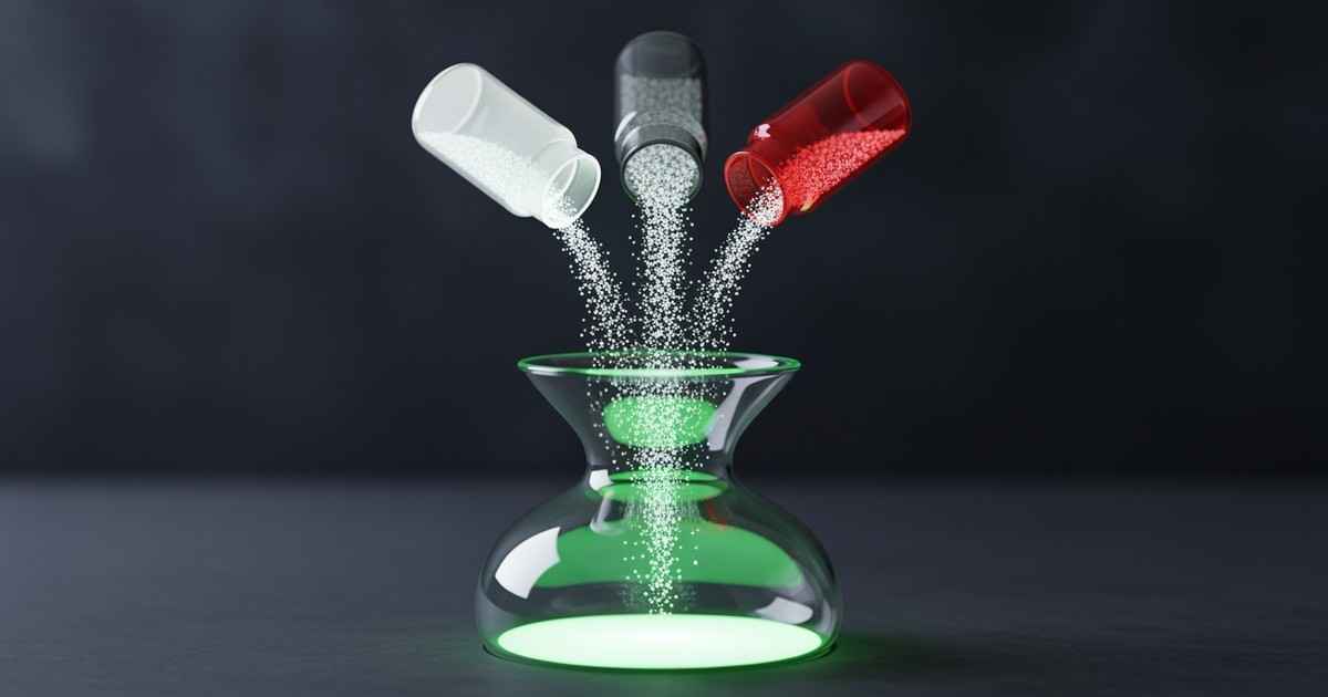 An abstract illustration of glowing data streams flowing from several small jars into one large one, symbolizing playlist mig