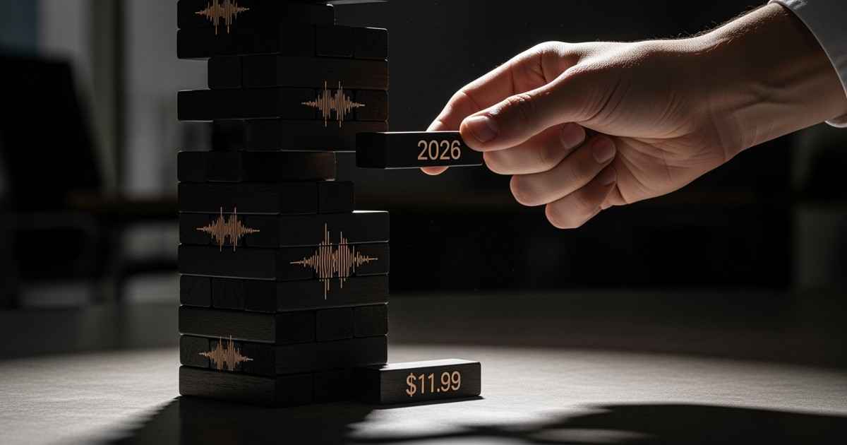 A hand carefully pulls a block from a teetering Jenga tower, symbolizing the risk of a music subscription price hike.