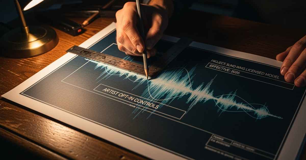 A hand carefully draws on a technical blueprint of a soundwave, symbolizing the new WMG-Suno AI music licensing agreement.