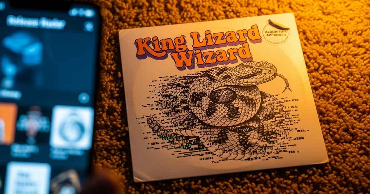 Vintage vinyl sleeve on shag carpet labeled King Lizard Wizard with glitching, pixelated rattlesnake art.
