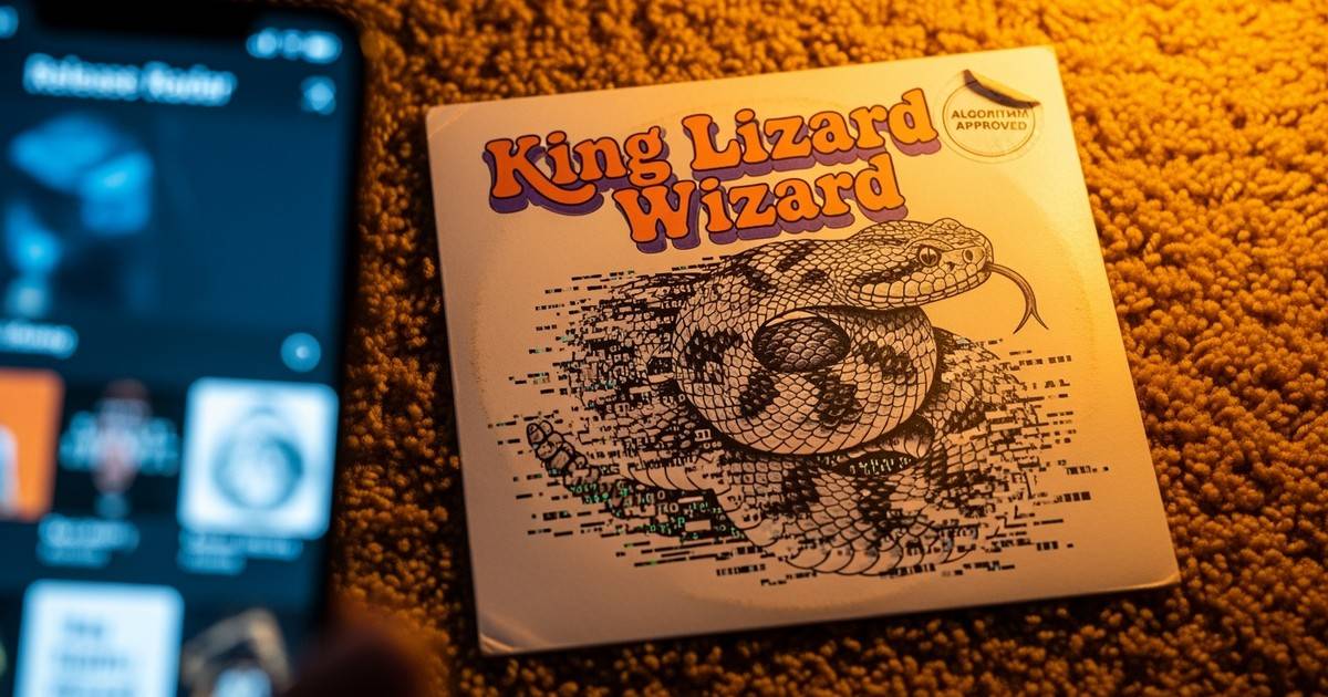 Vintage vinyl sleeve on shag carpet labeled King Lizard Wizard with glitching, pixelated rattlesnake art.
