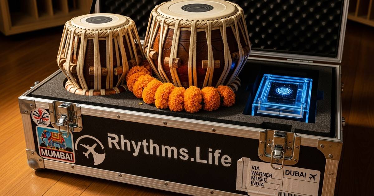 Open road case with Mumbai and Dubai stickers containing tabla drums and marigolds next to a modern hard drive.