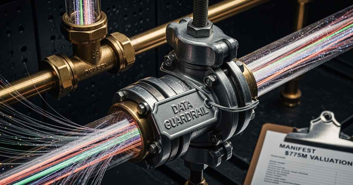 Close-up of industrial brass pipes with a mechanical valve labeled DATA GUARDRAIL, symbolizing regulatory control in music in