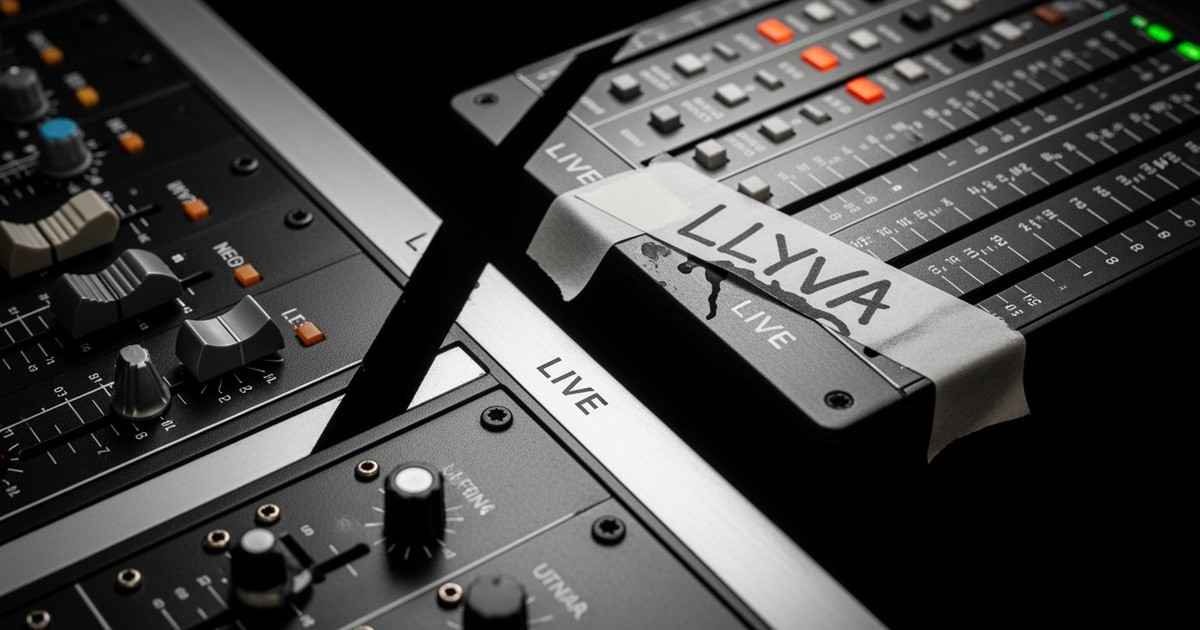 Cinematic macro photography of a high-end audio mixing console physically splitting apart, with a glowing fissure separating a bank of faders labeled 'LLYVA' on masking tape from the main dark chassis.