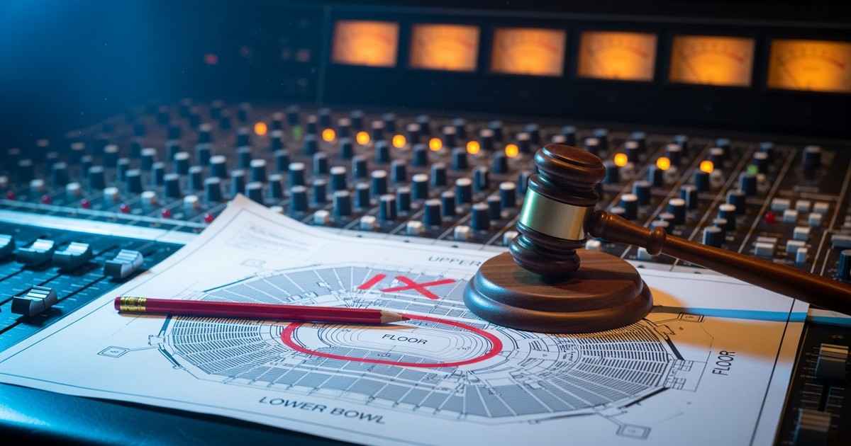 Cinematic close-up of a vintage recording studio mixing console. A legal gavel rests on a stadium blueprint spread across the