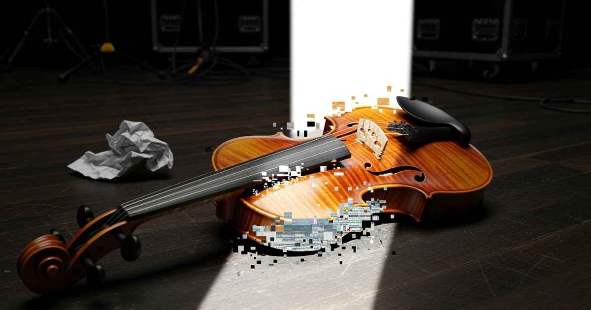 A close-up, dramatic photograph of a vintage violin resting on a dark stage floor. The instrument is illuminated by a harsh, rectangular beam of light resembling a search bar, which causes the wood grain to glitch and pixelate into digital noise where the light touches it.