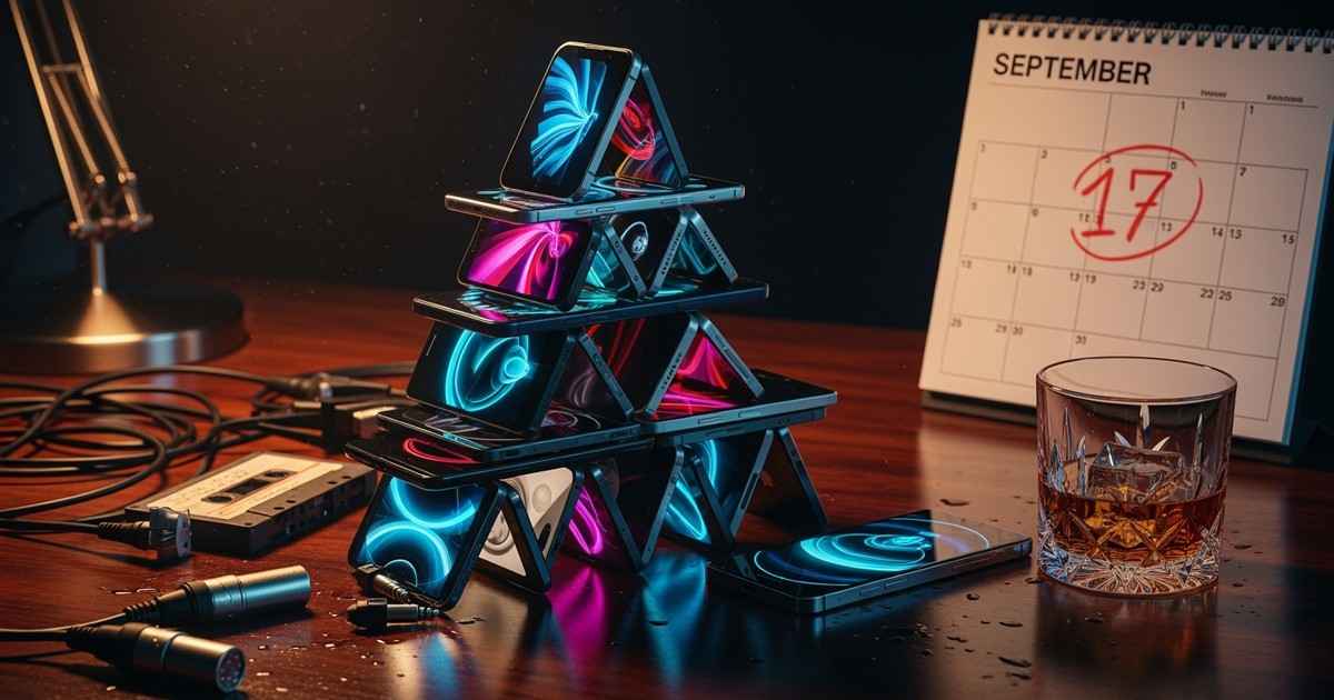 A fragile house of cards constructed from glowing smartphones on a desk, next to a calendar marked September 17.
