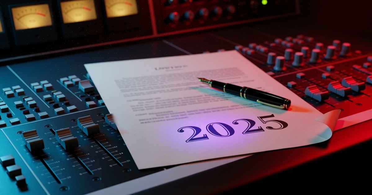 Close-up of a legal contract stamped '2025' resting on a recording studio mixing console, illuminated by clashing red and blue lights representing conflicting corporate divisions.