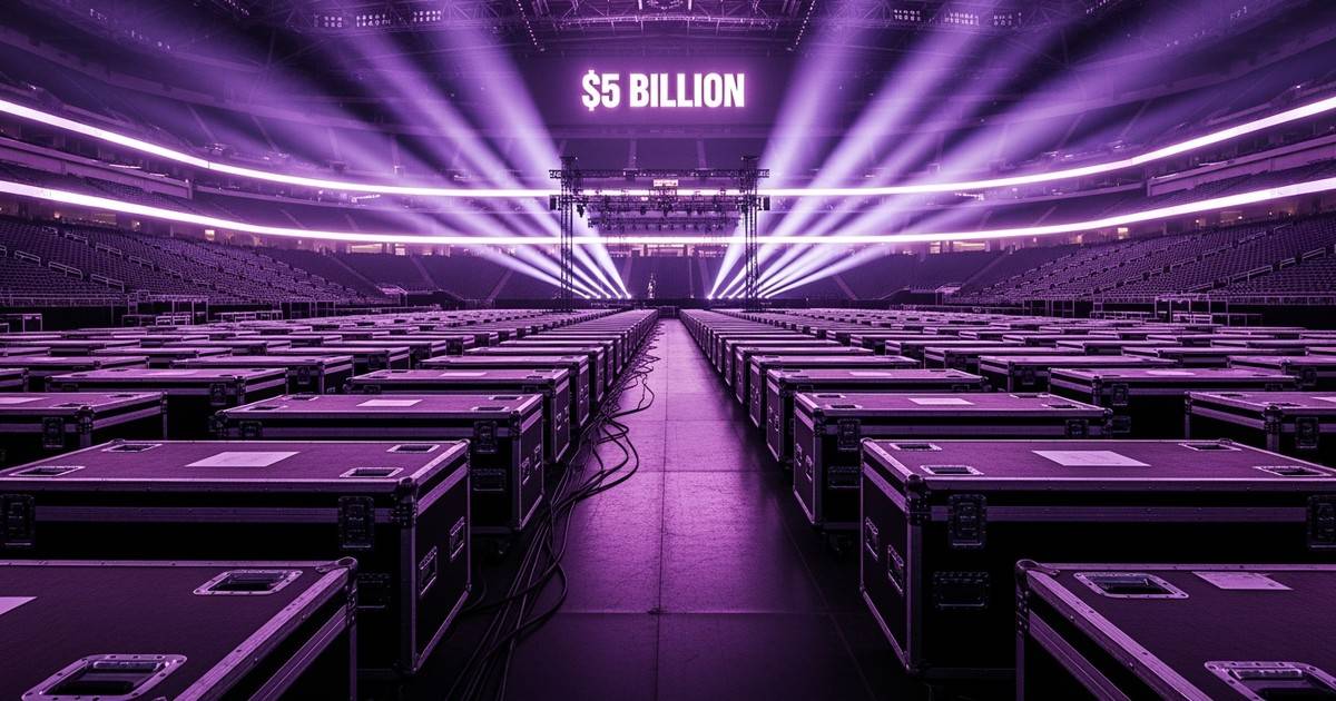 Cinematic wide-angle shot of a massive empty stadium filled with touring equipment cases bathed in dramatic purple light, wit