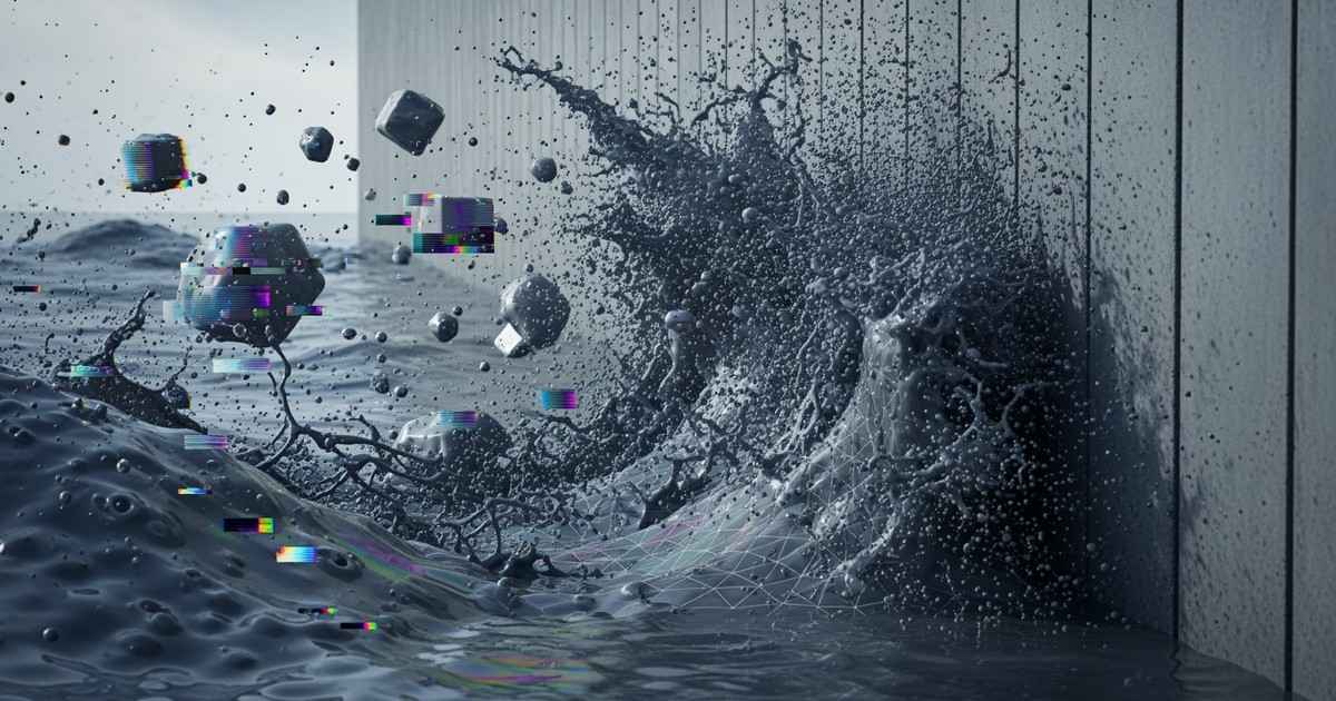 A conceptual editorial image showing a massive, fortress-like sea wall constructed of gold records and analog master tapes, s