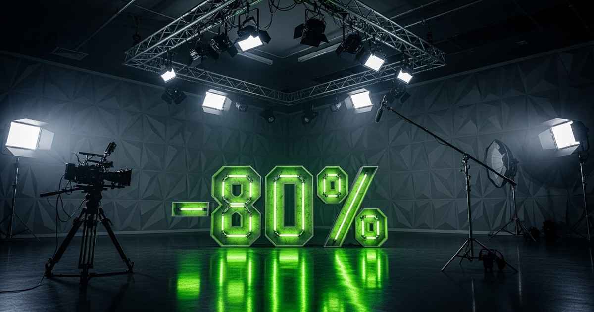 Cinematic wide shot of a dark, high-tech video studio. A massive, glowing neon green structure spelling '-80%' stands on the 