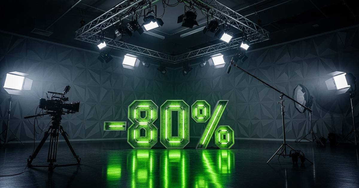 Cinematic wide shot of a dark, high-tech video studio. A massive, glowing neon green structure spelling '-80%' stands on the 