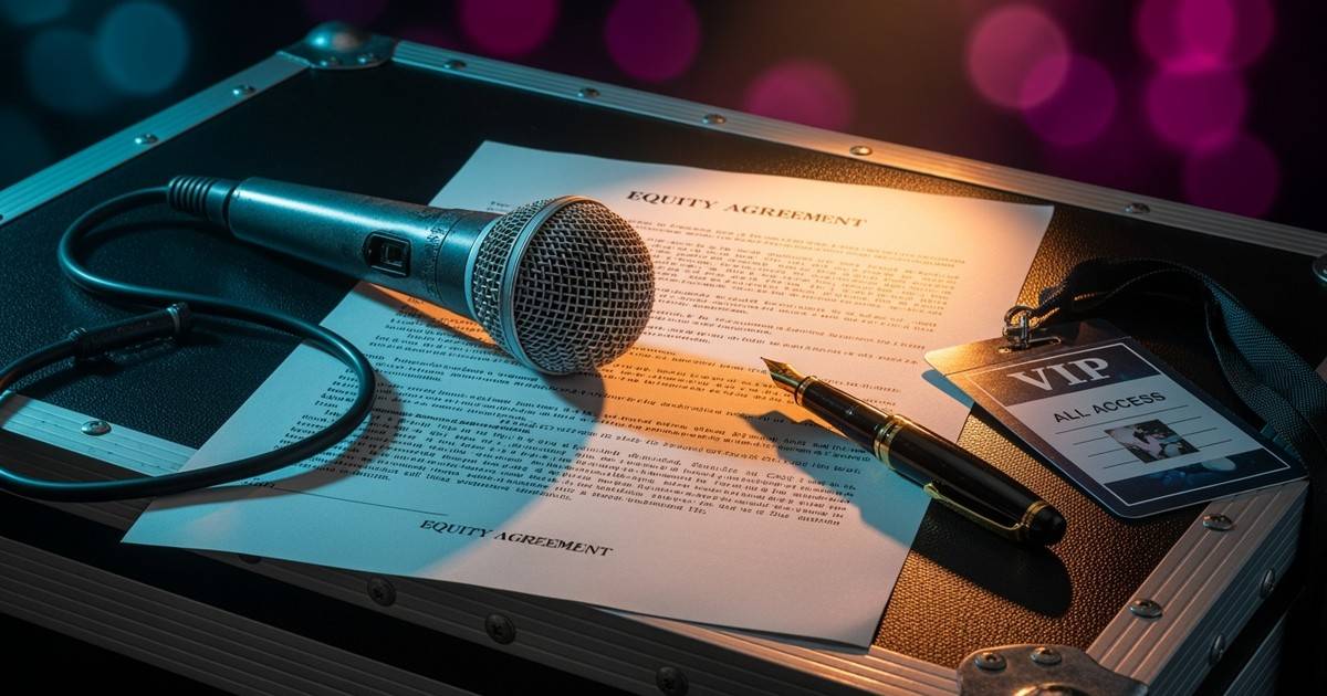 Close-up still life on a scratched black music flight case showing a legal contract weighed down by a vintage microphone and 