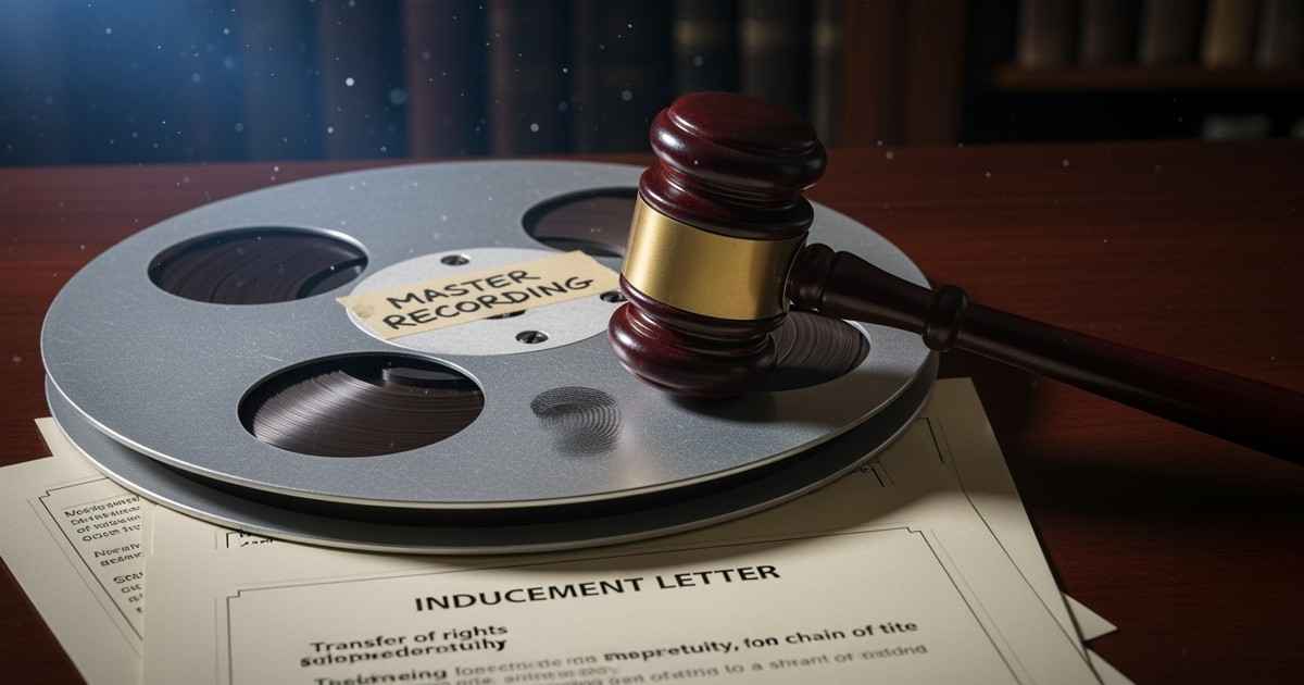 A dramatic editorial still life featuring a vintage 2-inch analog master audio reel resting on legal documents, physically pi