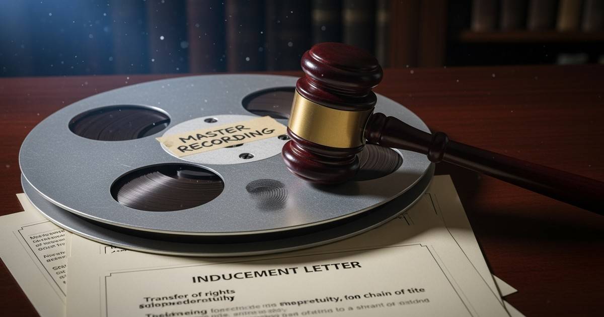 A dramatic editorial still life featuring a vintage 2-inch analog master audio reel resting on legal documents, physically pi