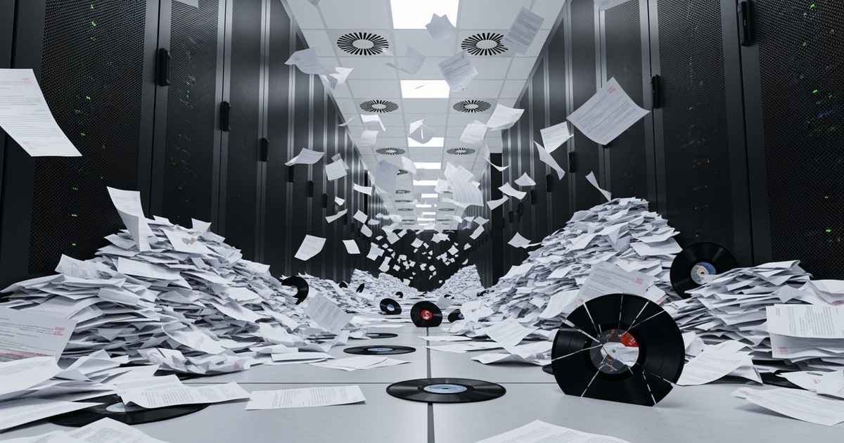 Cinematic editorial photograph of a high-tech server room aisle completely flooded with thousands of white paper documents, s