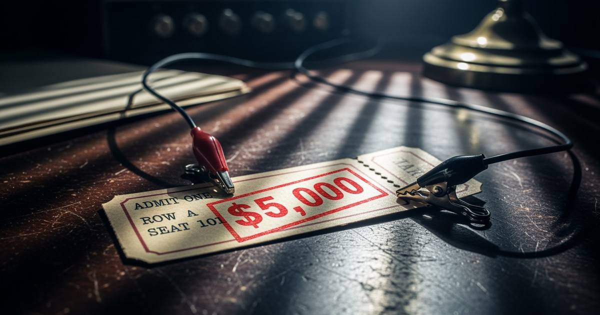 A macro photograph of a vintage-style concert ticket connected to copper wires and alligator clips on a dark wooden desk, wit