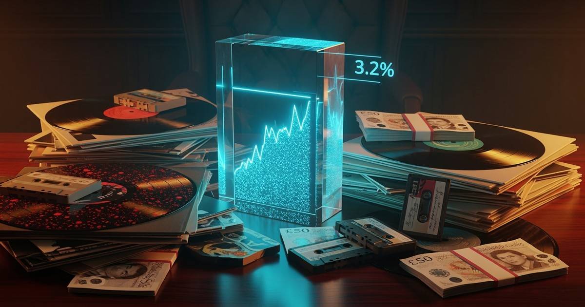 Conceptual editorial image: A cold glass block containing a flat-lining digital graph labeled 3.2% sits surrounded by overflo