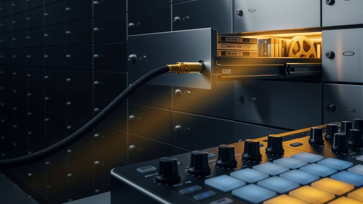 Cinematic close-up of a high-fidelity audio cable connecting a glowing, secure metal vault drawer to a sleek, matte-black music production controller with illuminated pads. (16:9)