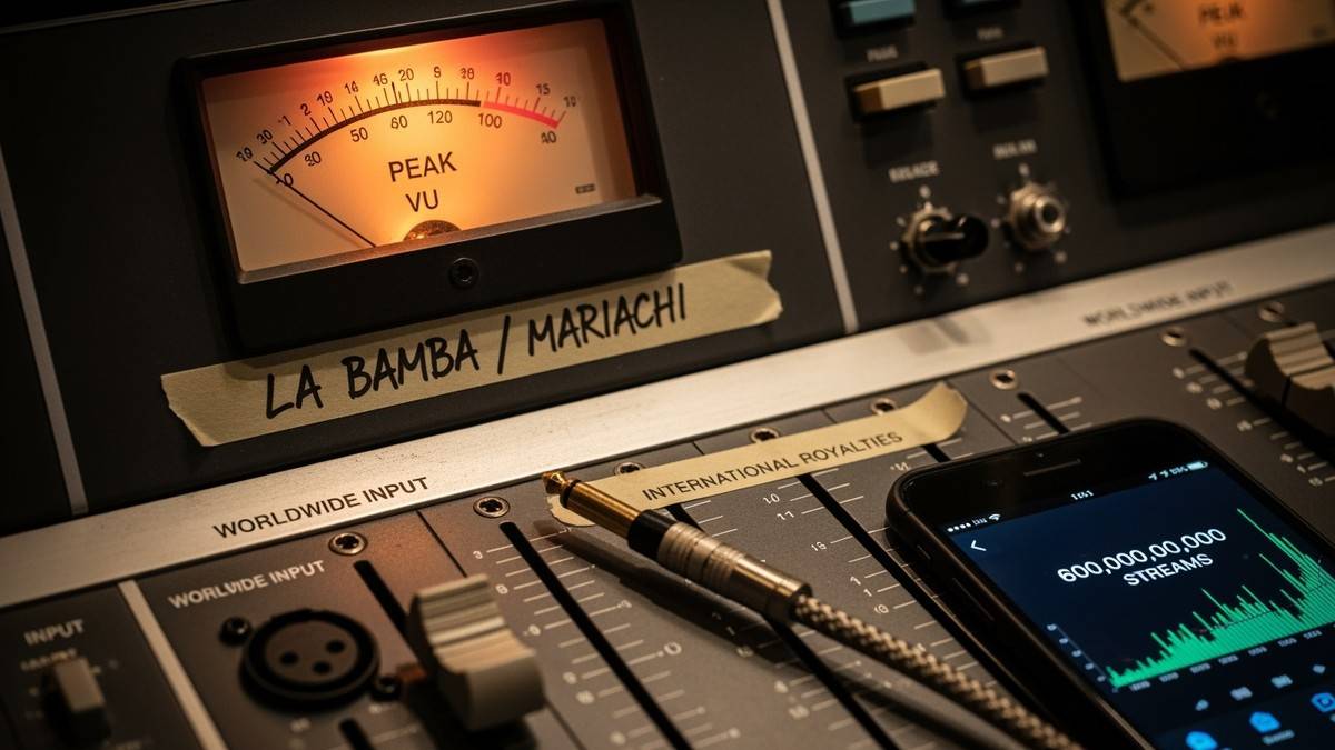 Close-up of a vintage analog mixing console with a channel labeled 'La Bamba' peaking in the red, while an output cable labeled 'Global Royalties' lies disconnected. (16:9)