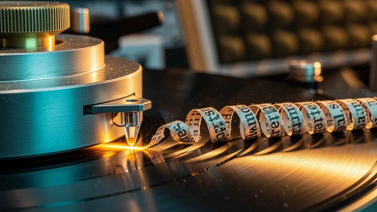 Macro photograph of a vinyl record cutting lathe carving a groove into a black disc; the waste thread resembles a microscopic strip of newspaper, while the fresh groove glows gold. (16:9)