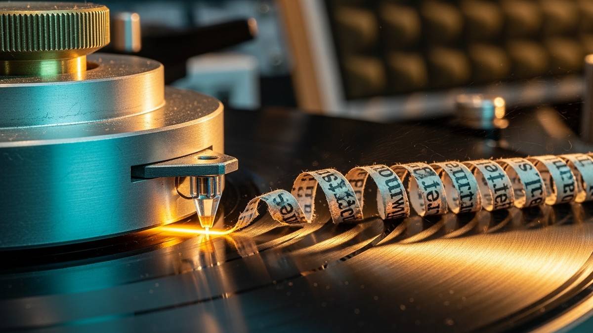 Macro photograph of a vinyl record cutting lathe carving a groove into a black disc; the waste thread resembles a microscopic strip of newspaper, while the fresh groove glows gold. (16:9)