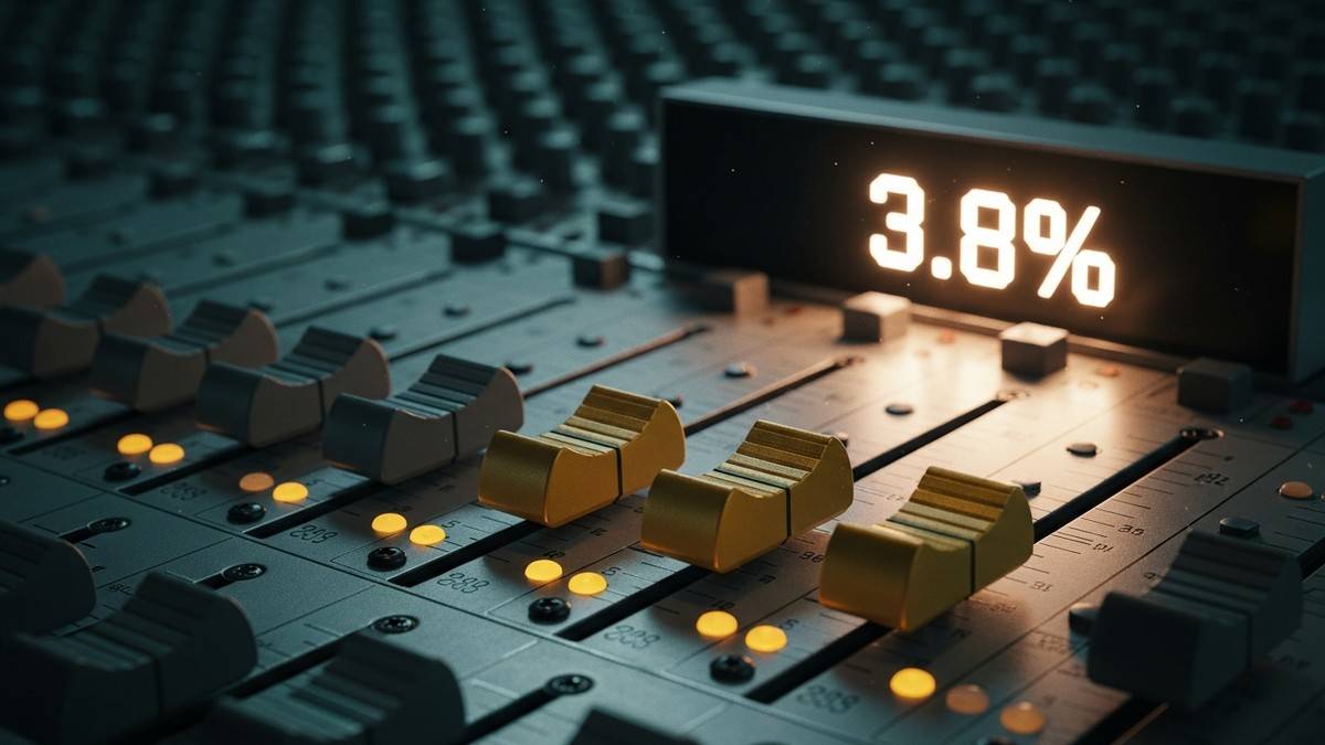Close-up of a mixing console where hundreds of faders are dusty and broken, but four pristine gold faders glow intensely, representing the 3.8% market share statistic. (16:9)