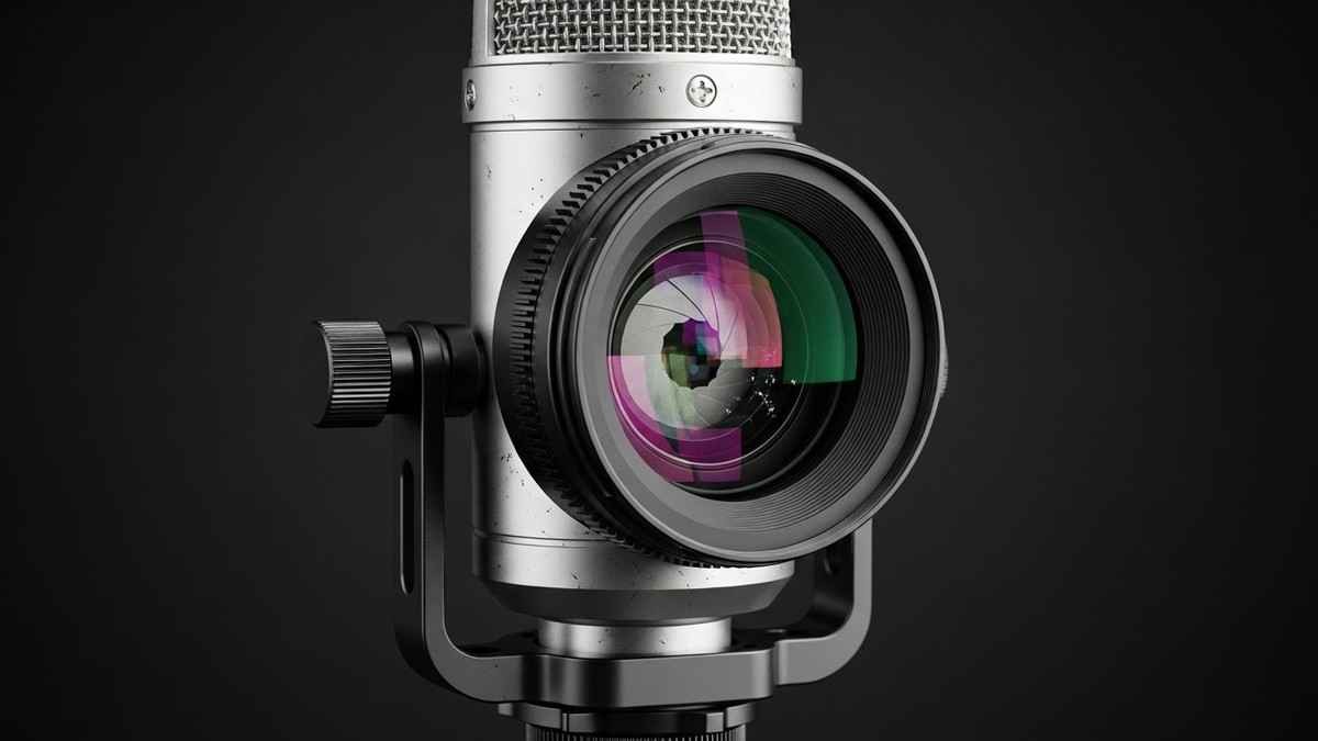 A surreal, hyper-realistic conceptual photo of a hybrid device merging a silver studio microphone body with a large glass camera lens, resting on a sleek dark desk in a moody studio. (16:9)