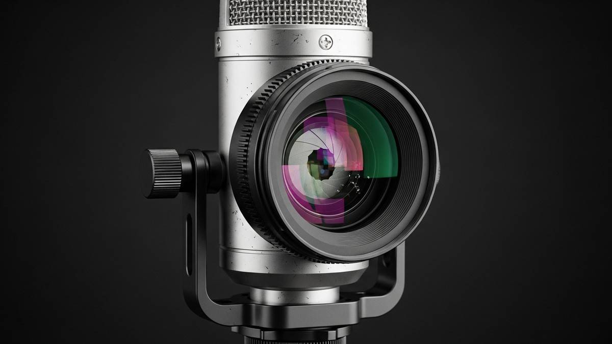 A surreal, hyper-realistic conceptual photo of a hybrid device merging a silver studio microphone body with a large glass camera lens, resting on a sleek dark desk in a moody studio. (16:9)