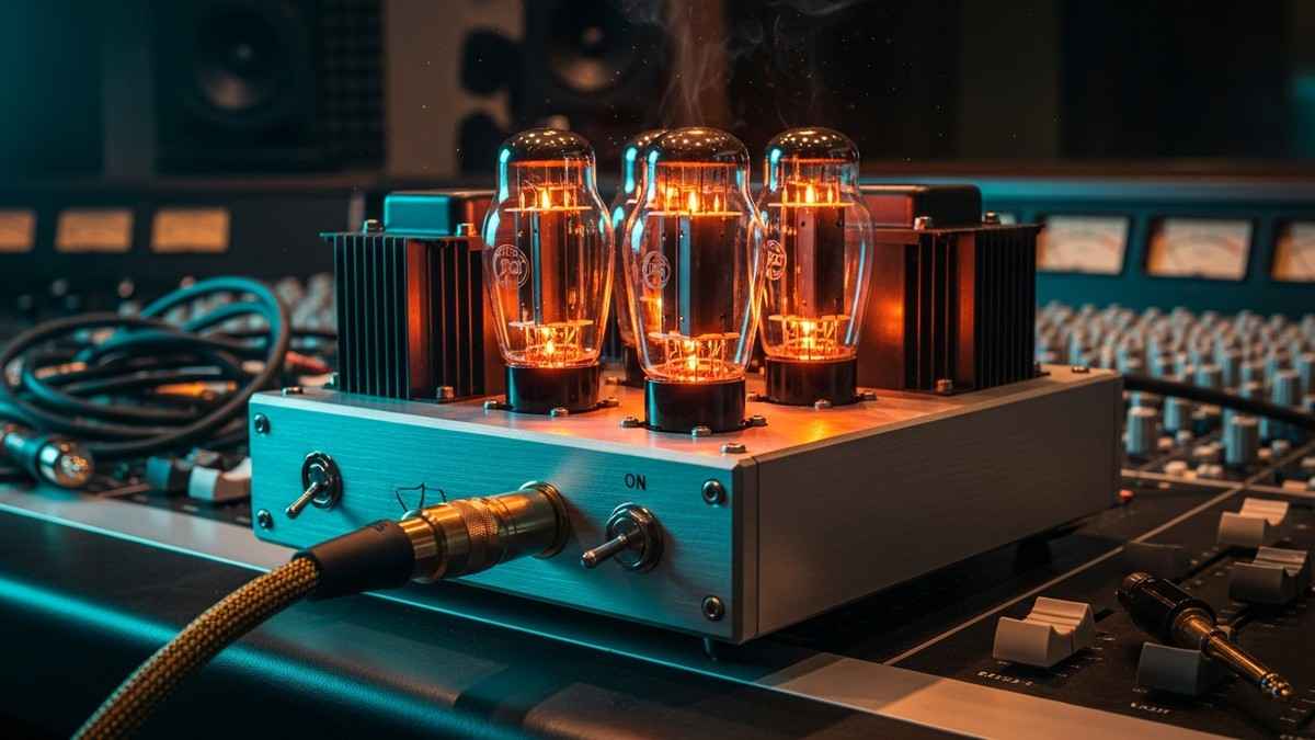 Cinematic close-up of a custom, high-end audio hardware unit glowing with intense amber light, featuring vacuum tubes and heavy industrial cabling in a darkened recording studio setting. (16:9)